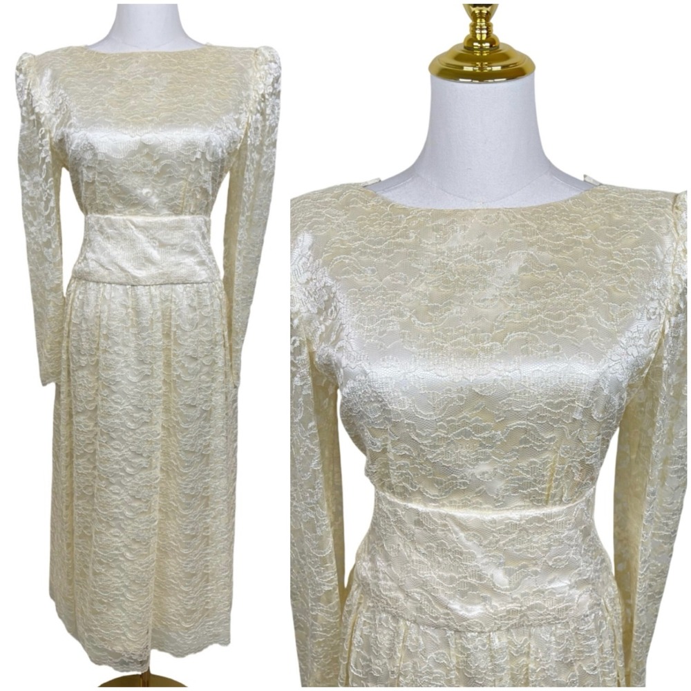 Vintage Lace Long Sleeve Wedding Dress Women S/M Cream V-Back Button Detail